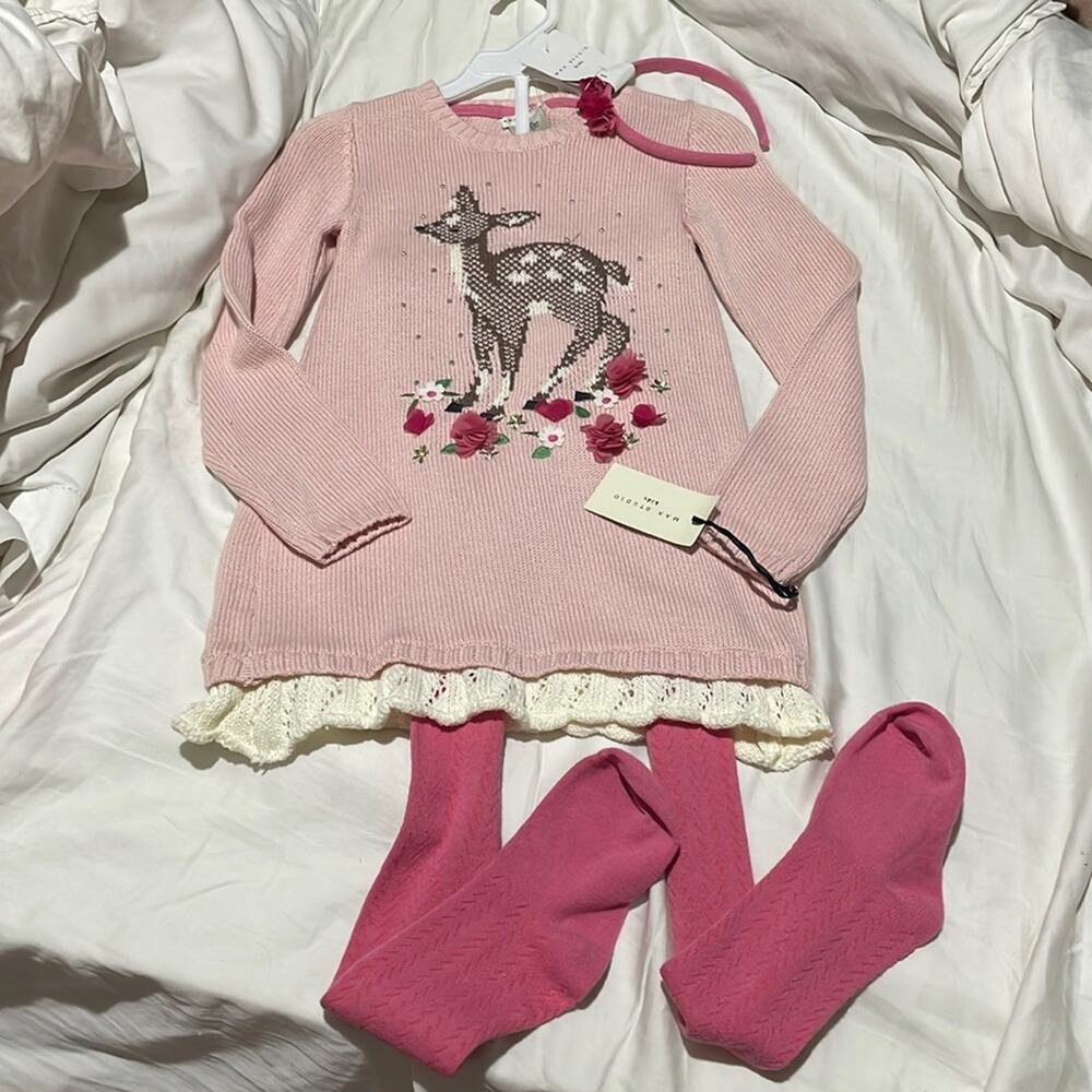 Max Studio 6x pink deer sweater dress lace hemline pink tights headband nwt